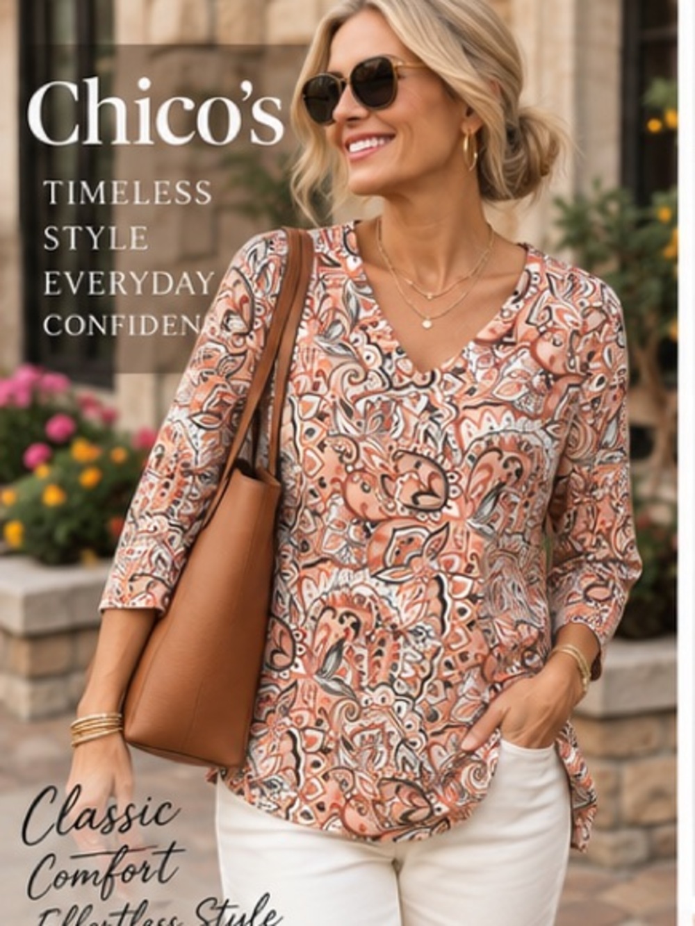 Chico’s Size 2 L Paisley Tunic Top Peach Cream Split V Neck 3/4 Sleeve